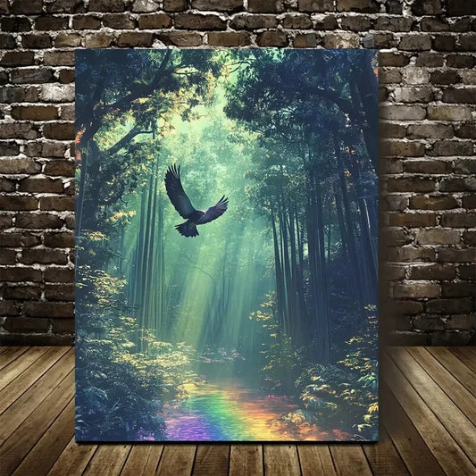 Serene Hawk in Bamboo Grove with Rainbow 40x60cm Metal Print Ready to Hang