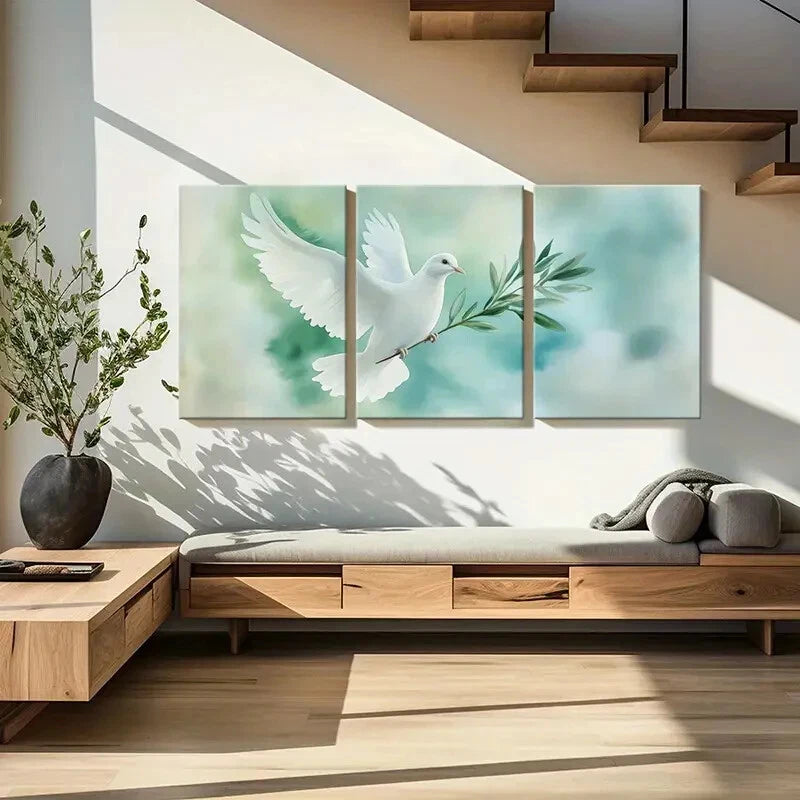 3pcs White Dove Olive Branch Peace Symbol Metal Print Ready to Hang Art