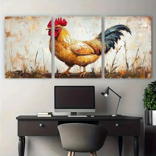 3pcs Rustic Rooster Farm Animal Impasto Design Metal Print Ready to Hang Art