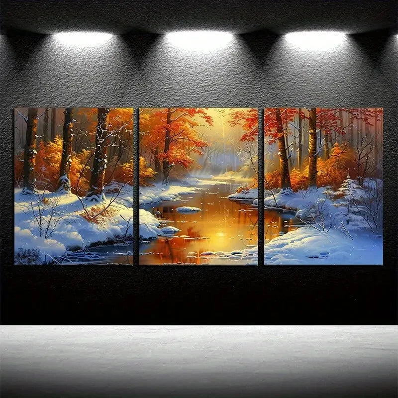 3pcs Serene Trees & Clear Water Bodies Design Metal Print Ready to Hang Art