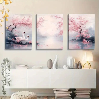 3pcs Cherry Blossom Swan Lake Oil Painting Metal Print Ready to Hang Art