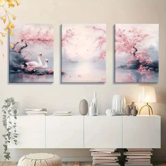 3pcs Cherry Blossom Swan Lake Oil Painting Metal Print Ready to Hang Art