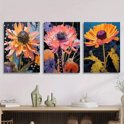 3pcs Featuring Cornflowers And Marigolds Metal Print Ready to Hang Art