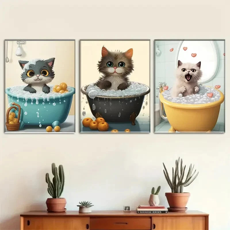 3pcs Whimsical Cat Adorable Kitten Bathroom Metal Print Ready to Hang Art