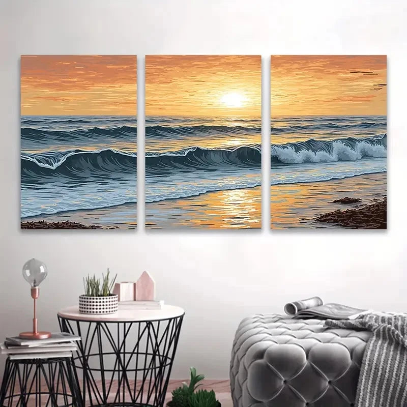 3pcs Sunset Beach Scene Wall Art Set Canvas Framed 50x70cm - High Quality Print 100% Australian Made Wall Canvas Ready to Hang