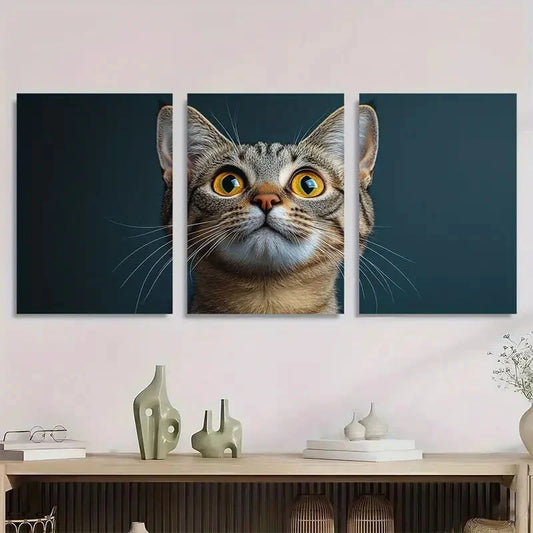 3pcs Surprised Cat Vibrant Painting Metal Print Ready to Hang Art