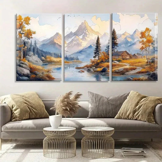 3pcs Scenic Autumn Views with Majestic Mountains Metal Print Ready to Hang Art