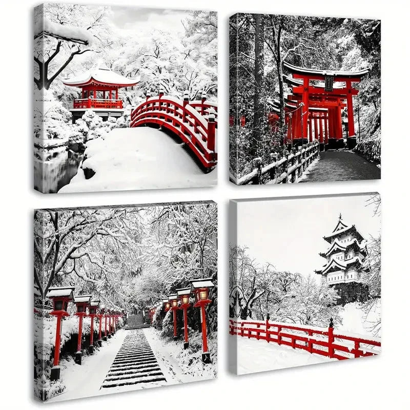 4pcs Japanese Asian Nature Landscape Black White Wall Art Canvas Framed