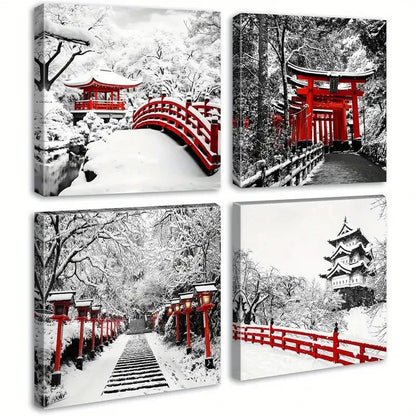 4pcs Japanese Asian Nature Landscape Black White Wall Art Canvas Framed