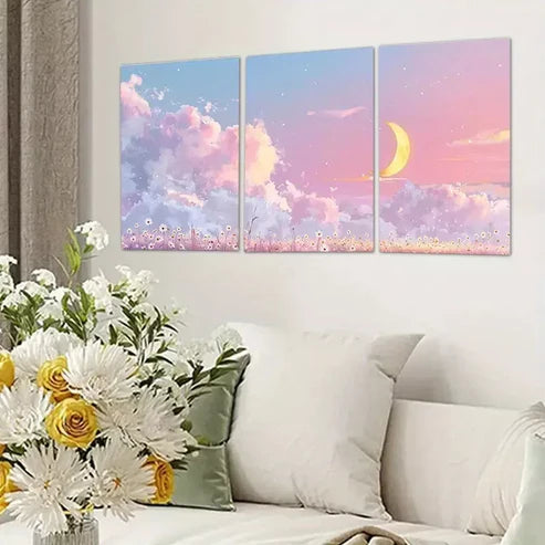 3pcs Crescent Moon and Clouds Canvas Framed 60X90cm - High Quality Print 100% Australian Made Wall Canvas Ready to Hang
