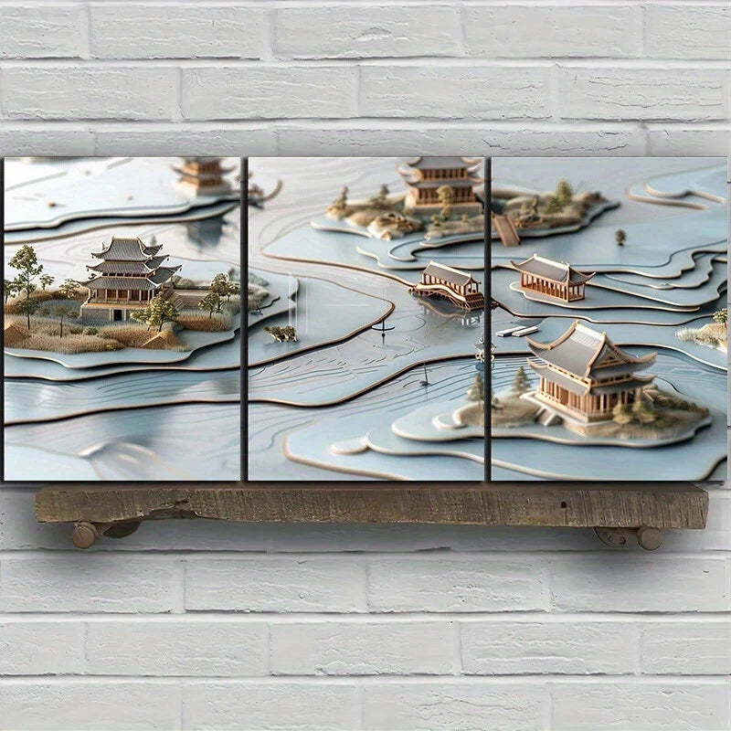 3pcs Traditional Chinese Landscape Metal Print Ready to Hang Art