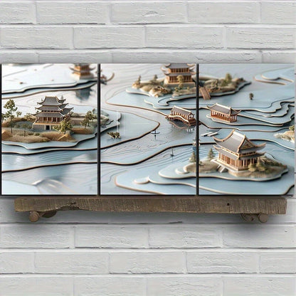 3pcs Traditional Chinese Landscape Metal Print Ready to Hang Art