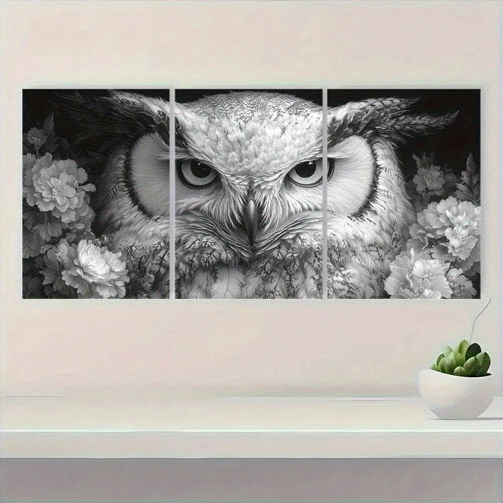 3pcs Black and White Owl Fantasy Metal Print Ready to Hang Art