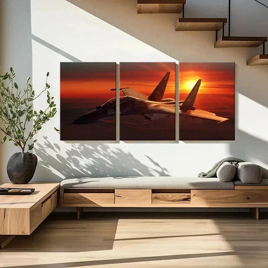 3pcs Fighter Jets & Bombers at Sunset Wall Art Set Canvas Framed 40x60cm - High Quality Print 100% Australian Made Wall Canvas Ready to Hang