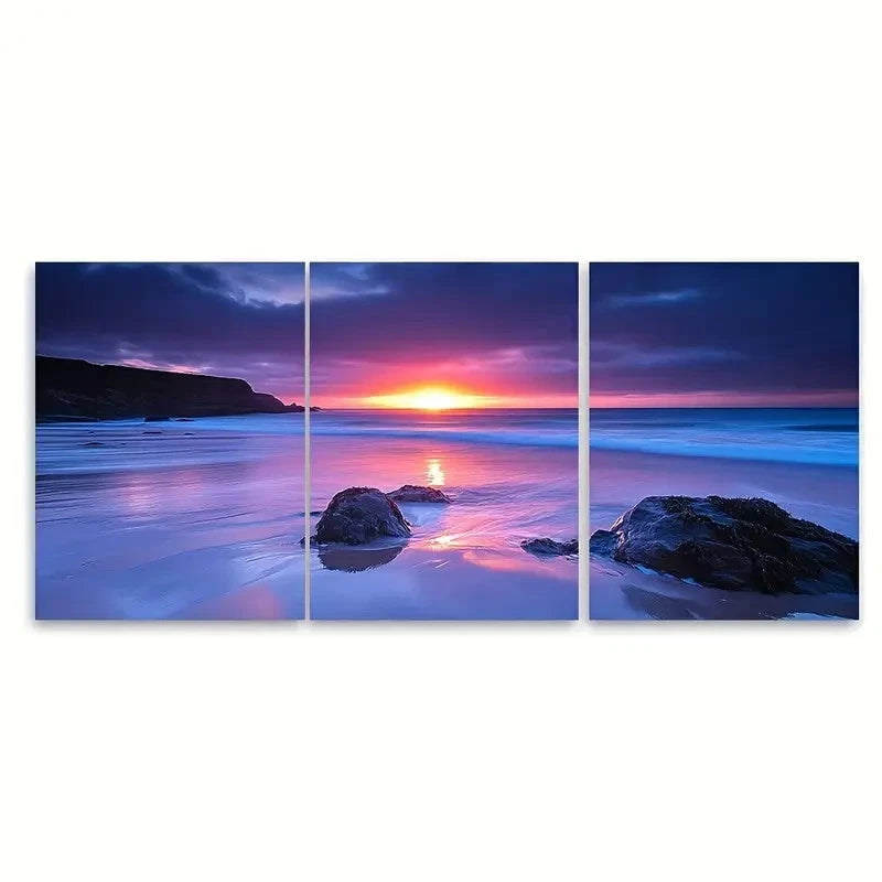 3pcs Tranquil Ocean Sunset at Little Fistral Beach Metal Print Ready to Hang Art