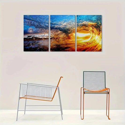 3pcs Ocean Wave Sunset Vibrant Colors & Dynamic Metal Print Ready to Hang Art