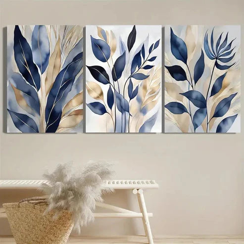 3pcs Blue Botanical Blue Leaf Prints Wall Art Canvas Unframed - High Quality Print 100% Australian Made Wall Canvas