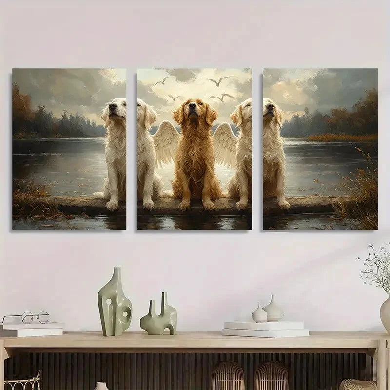 3pcs Dogs Angel Wings Lake Pet Metal Print Ready to Hang Art