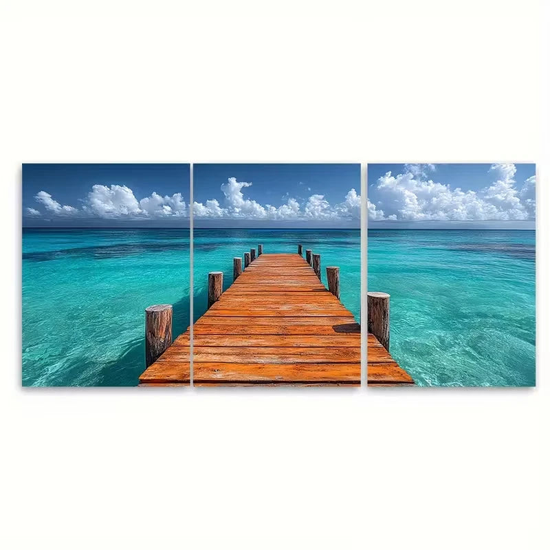 3pcs Wooden Pier with Exotic Turquoise Metal Print Ready to Hang Art