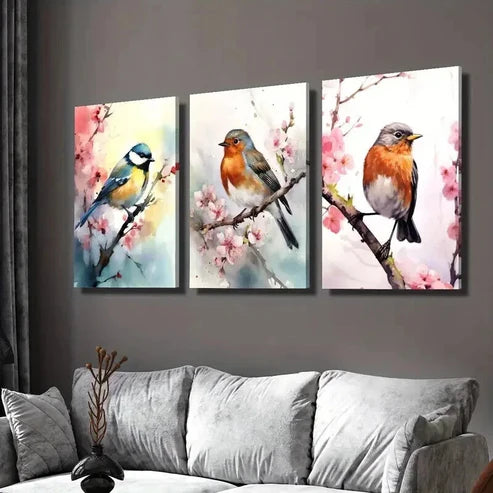 3pcs Titmouse on a Flowering Branch Wall Art Set Canvas Unframed - High Quality Print 100% Australian Made Wall Canvas