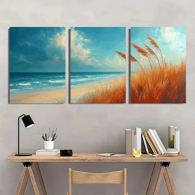 3pcs Beach Scene with Sea Oats Blowing Wall Art Set Canvas Framed 40x60cm - High Quality Print 100% Australian Made Wall Canvas Ready to Hang