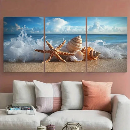 3pcs Coastal Beach Photography Starfish & Shells Wall Art Set Canvas Framed 60x90cm - High Quality Print 100% Australian Made Wall Canvas Ready to Hang