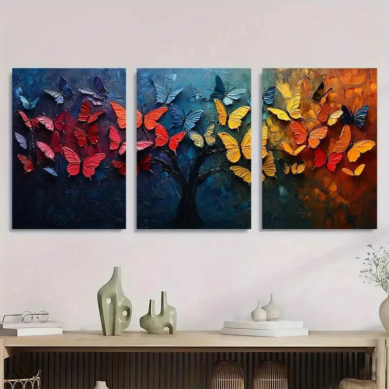 3pcs Vibrant Colorful Butterfly Tree Metal Print Ready to Hang Art