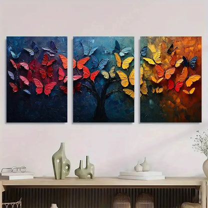 3pcs Vibrant Colorful Butterfly Tree Metal Print Ready to Hang Art