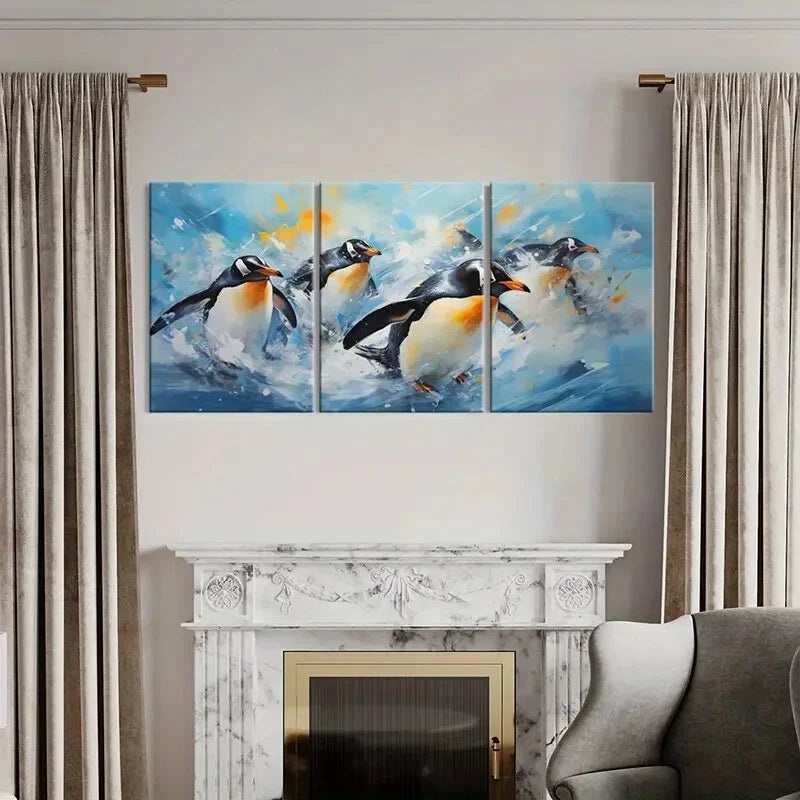 3pcs Penguin Abstract Animal Art Splash Metal Print Ready to Hang Art
