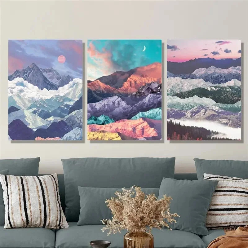 3pcs Bohemian style mountain art, fantasy color Metal Print Ready to Hang Art