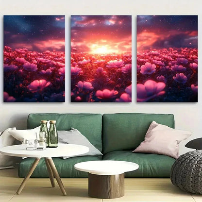 3pcs Dreamlike Field of Neon Flowers Metal Print Ready to Hang Art