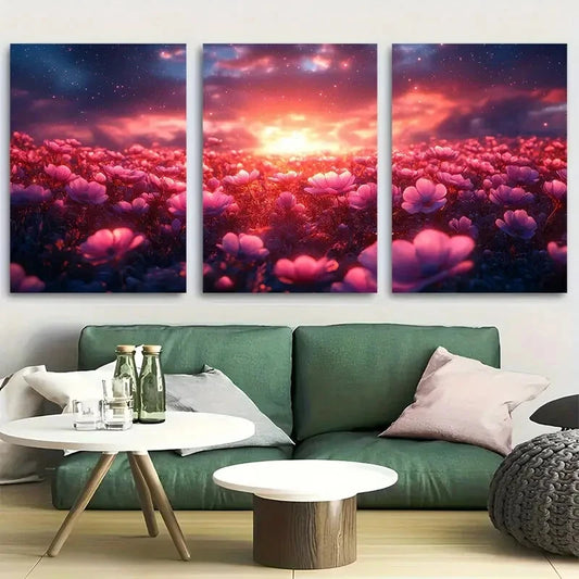 3pcs Dreamlike Field of Neon Flowers Metal Print Ready to Hang Art
