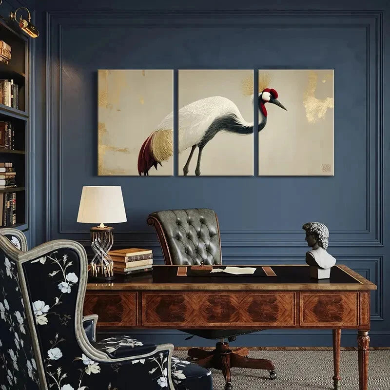 3pcs Crane Artwork White Feathers, Red Crown Metal Print Ready to Hang Art