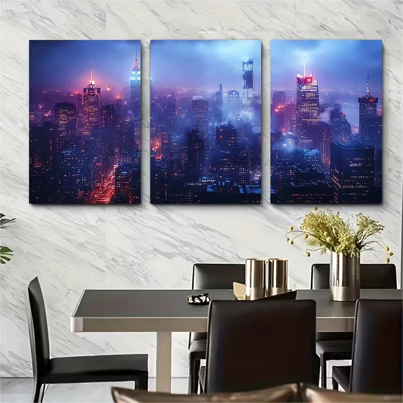 3pcs Cityscape at Night Metal Print Ready to Hang Art