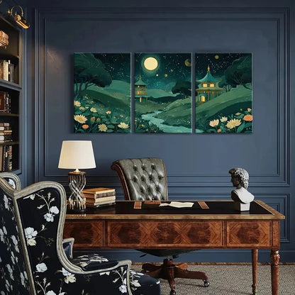 3pcs Lotus Flowers & Traditional Architecture Metal Print Ready to Hang Art