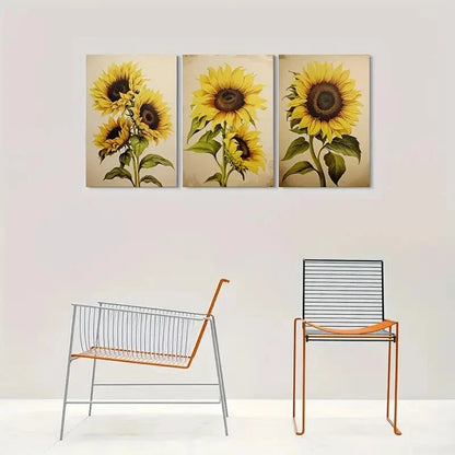 3pcs Sunflower Wall Art Prints - Vintage Style Metal Print Ready to Hang Art