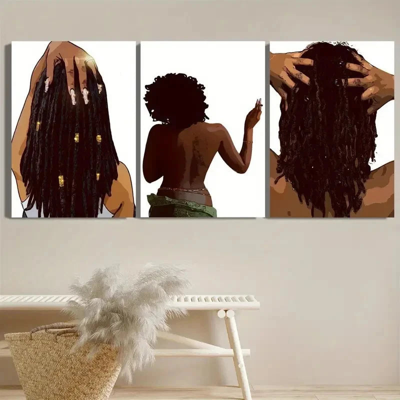 3pcs Bohemian Style Black Girl Wall Art Metal Print Ready to Hang Art