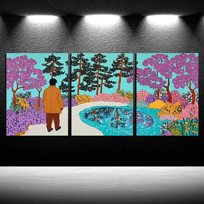 3pcs Enchanting Forest Man Walking Scene Metal Print Ready to Hang Art