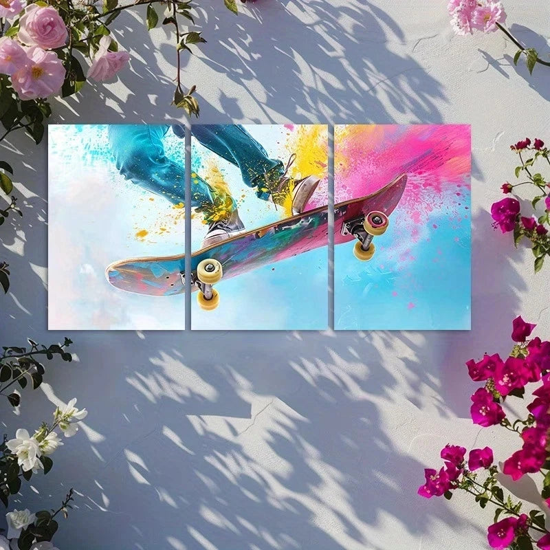 3pcs Vibrant Skateboarding Theme Metal Print Ready to Hang Art
