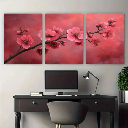 3pcs Elegant Pink Floral Branch Modern Boho Design Metal Print Ready to Hang Art