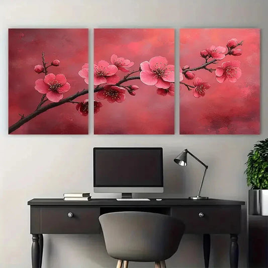 3pcs Elegant Pink Floral Branch Modern Boho Design Metal Print Ready to Hang Art