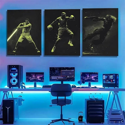3pcs Neon Basketball Sci-Fi Futuristic Perfect Wall Art Set Canvas Framed 40x60cm - High Quality Print 100% Australian Made Wall Canvas Ready to Hang