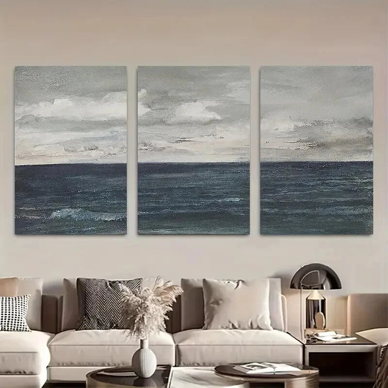 3pcs Cloudy Sky Beach Ocean Landscape Minimalist Metal Print Ready to Hang Art