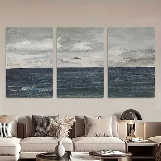 3pcs Cloudy Sky Beach Ocean Landscape Minimalist Metal Print Ready to Hang Art