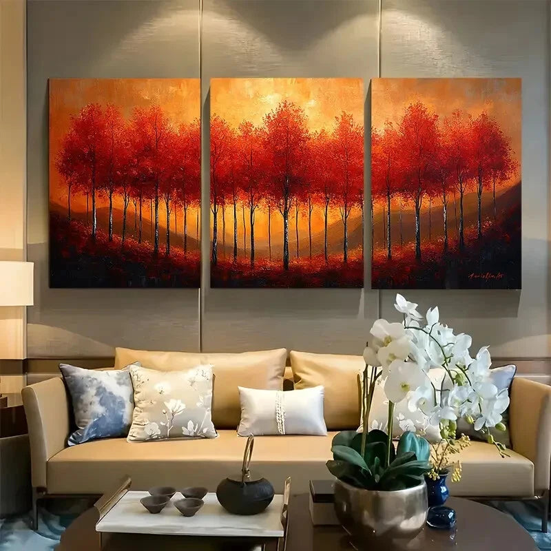 3pcs Red Aspen Trees Autumn Design Metal Print Ready to Hang Art