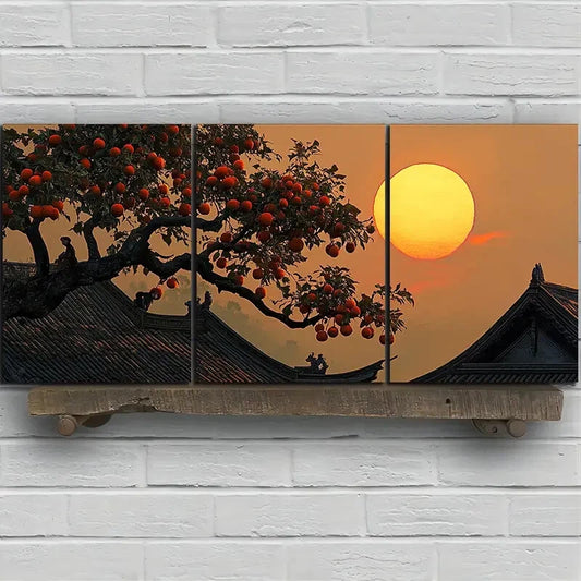 3pcs The Persimmon Tree On The Eaves Metal Print Ready to Hang Art