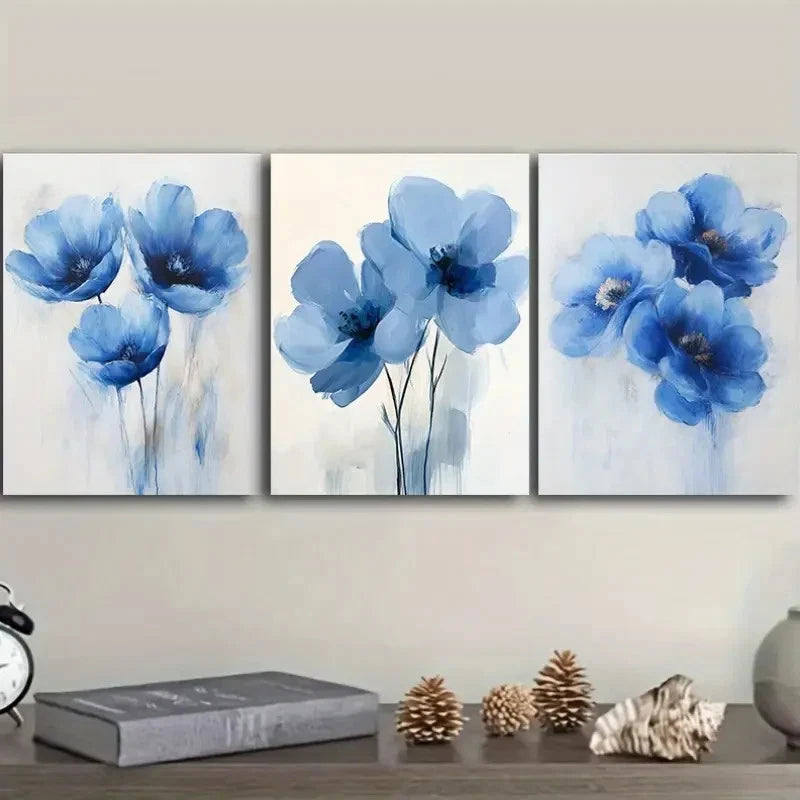 3pcs Blue Floral Teak Wood Printings Metal Print Ready to Hang Art