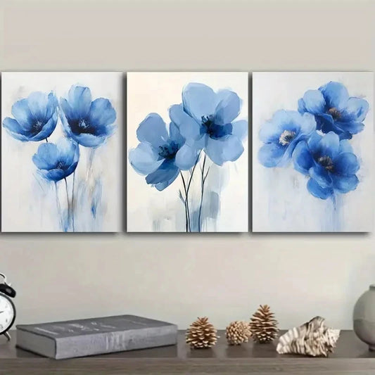 3pcs Blue Floral Teak Wood Printings Metal Print Ready to Hang Art