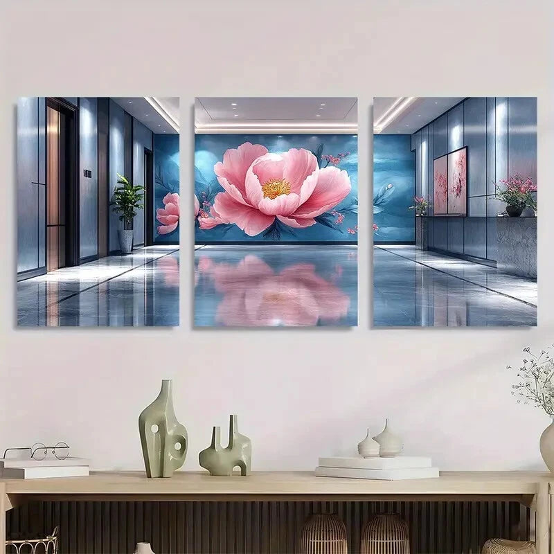 3pcs Peony Flower Oil Paintings Metal Print Ready to Hang Art