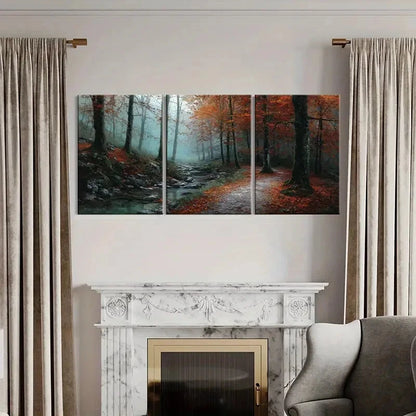 3pcs Autumn Forest Pathway Tranquil Scene Metal Print Ready to Hang Art
